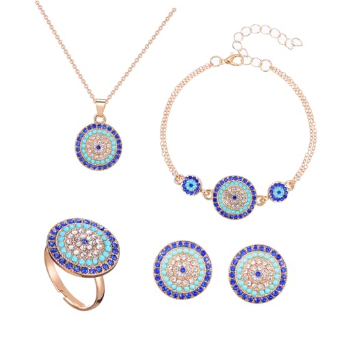 ROMISBABA Türkisches Schmuckset Damen Blaues Auge Teiliges Set aus Hochwertiger Legierung mit Halskette Ohrstecker Armband und Ring Modisch Langlebig und für Stilbewusste Frauen von ROMISBABA