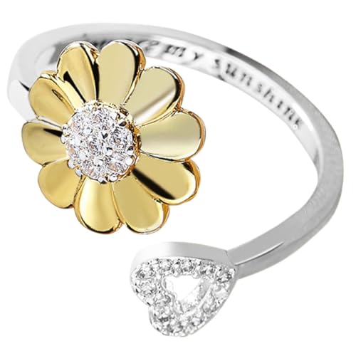 ROMISBABA Verstellbarer Offener Ring Damen Alloy Sonnenblume Herz Design Schmuck mit Strasssteinen Einstellbar Elegant Modeschmuck für Frauen von ROMISBABA