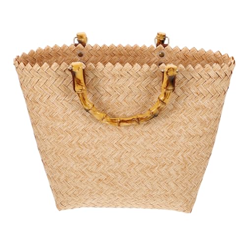 ROMISBABA Vintage Französische Handgewebte Strohtasche mit Holzgriff Große Geflochtene Rattan Umhängetasche für Damen Geräumige Sommerliche Strandtasche aus Geflochtenem Gras Beige von ROMISBABA