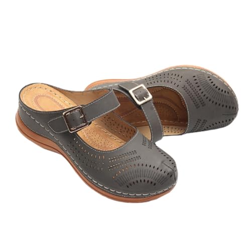 ROMISBABA Vintage Keilabsatz Sandalen Damen Komfortable Slipper Dunkelgrau Bequeme Schuhe für Alltag und Freizeit mit Mittlerem Robustem Absatz und Elegantem Design von ROMISBABA