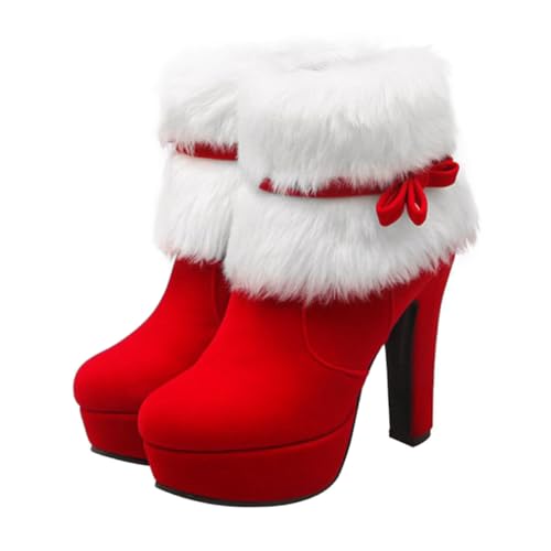 ROMISBABA Weihnachtliche Damen Ankle Boots Winter Kurzstiefel mit Hohem Blockabsatz Plüschfutter Reißverschluss Komfortabler Festliche Schuhe für Weihnachtsfeier und Alltag von ROMISBABA