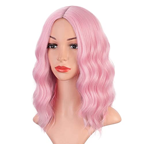 Perücken Frauen,teilweise Instant-Nudelrollenfarbe,kurzes lockiges Haar,Bob-Perücken,35,6 cm,schulterlang,Perücke,hitzebeständig,synthetisch,Party, Halloween,Kostüm,Cosplay(Color:Pink) von ROMOZ