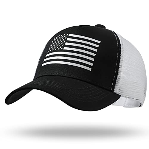 Trucker-Mütze mit amerikanischer Flagge, Snapback-Mütze, Baseballkappe für Herren und Damen, atmungsaktive Netzseite, verstellbare Passform, für Freizeitkleidung, Schwarz/Weiß, Einheitsgröße von RONGJUN