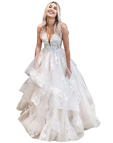 RONGLONG Brautkleider A-Linie Prinzessin Spitze Standesamt Hochzeitskleider Volants Tüll Brautkleid Ärmellos, Ivory, 38 von RONGLONG