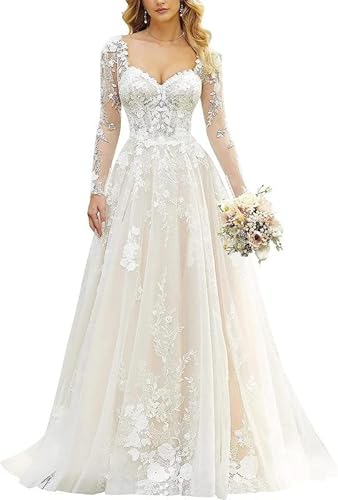 RONGLONG Brautkleider Prinzessin Spitzen Hochzeitskleider Standesamt A-Linie Tüll Glitzer Brautkleid Langarm, White, 38 von RONGLONG