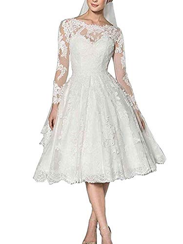 RONGLONG Kurze Brautkleid Damen Hochzeitskleider Spitze Langarm Rückenfrei, White, 42 von RONGLONG