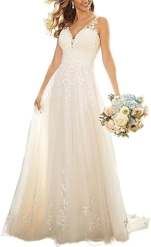 RONGLONG V-Ausschnitt Spitzen Hochzeitskleider Lang Tüll Brautkleid Strand Brautkleider Boho Brautmode, Weiß, 46 von RONGLONG