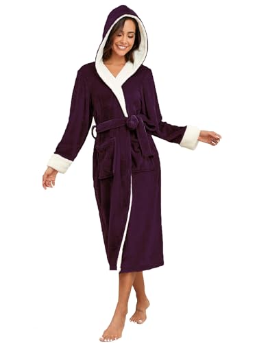 RONGTAI Damen-Bademantel aus Plüsch-Fleece, mit Kapuze, dickes Nachthemd, lang, Nachtwäsche mit zwei Seitentaschen und Gürtel, Dunkelviolett, L RONGTAI Damen-Bademantel aus Plüsch-Fleece, mit Kapuze, dickes Nachthemd, lang, Nachtwäsche mit zwei Seitentaschen und Gürtel, Dunkelviolett, L von RONGTAI