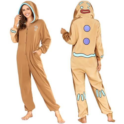 RONGTAI Original丨Uni Weihnachten Onesie Kostüme Einteiler Cosplay Pyjama Nachtwäsche für Erwachsene, Lebkuchenmann, S von RONGTAI