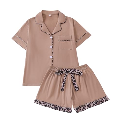 RONGTAI Pyjama Set FüR Damen 2 Teiliger Braun Leopardenmuster Lounge Pyjama Mit Shorts Passende Sommer Strand NachtwäSche Button Down Shirt Kurzarmhemd Elastischer Bund Hose Loungewear Set GrößE L von RONGTAI