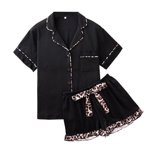 RONGTAI Pyjama Set FüR Damen: 2 Teiliger Leopardenmuster Pyjama Mit Knopfleiste Kurzarmhemd Und RüSchen Shorts Schwarzes Lounge Set Weiche Sommer Loungewear Valentinstags Loungewear GrößE XL von RONGTAI