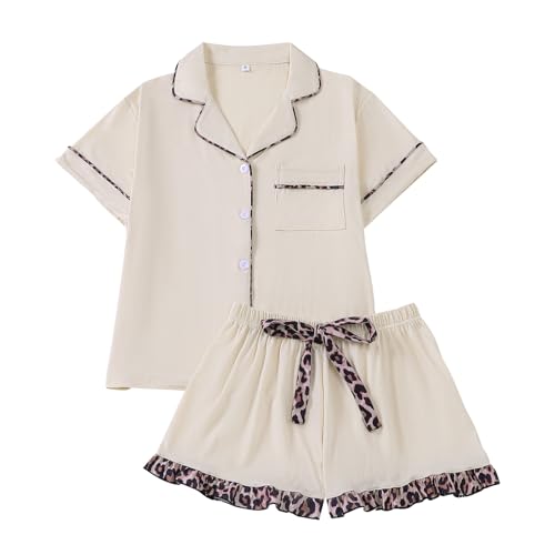 RONGTAI Pyjama Set FüR Damen: 2 Teiliger Leopardenmuster Pyjama Mit Knopfleiste Kurzarmhemd Und RüSchen Shorts Weiß Lounge Set Weiche Sommer Loungewear Valentinstags Loungewear GrößE XL von RONGTAI