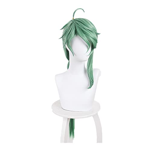 RONGYEDE-Wig Anime Cosplay Genshin-Wirkung. Baizhu Cosplay Perücke Baishu grün 90cm lang gerader geflochtene Pferdeschwanzhaar Rollenspiel cos Requisiten hübsch grau grün von RONGYEDE