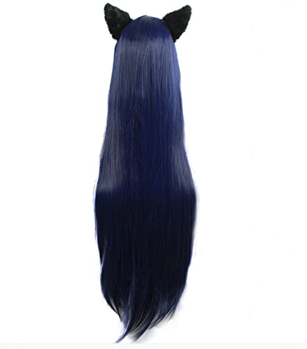 RONGYEDE-Wig Anime Cosplay Wig for Ahri The Nine-Tailed Fox Cosplay Wigs 100cm Long Dark Blue Heat Resistant Synthetic Hair Wig + Wig Cap + Ears von RONGYEDE