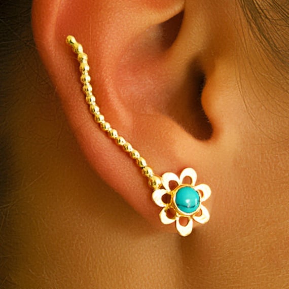Gold Ohrmanschette - Ohr Kletterer Ohrringe Edelstein Türkis Schmuck | Code G5 von RONIBIZA