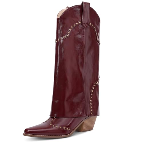RONILURN Damen Haifisch-Stiefel, umklappbar, mittelhoch, klobiger Absatz, Snip Toe, Cowboy, Cowgirl, Nietenstiefel für Damen, Burgunder, 41 EU von RONILURN