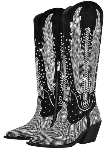 RONILURN Kniehohe Cowboystiefel für Damen, Cowgirl, Westernstiefel, Strass, glitzernd, spitzer Zehenbereich, klobiger Absatz, modische Schuhe, hoch, Schwarz, Kniehoch, Schwarz, 38 EU RONILURN Kniehohe Cowboystiefel für Damen, Cowgirl, Westernstiefel, Strass, glitzernd, spitzer Zehenbereich, klobiger Absatz, modische Schuhe, hoch, Schwarz, Kniehoch, Schwarz, 38 EU von RONILURN