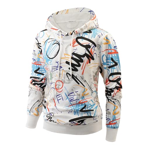 RONOMO Herren Krawatte Dyed Hoodie Print Hoodie Graffiti Hoodie Hip-Hop Hoodie（WHD weiß L von RONOMO