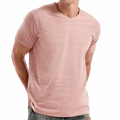 RONOMO Herren Mode T-Shirt Bequemes T-Shirt Low V-Ausschnitt T-Shirt (V01 Rosa 4XL) von RONOMO