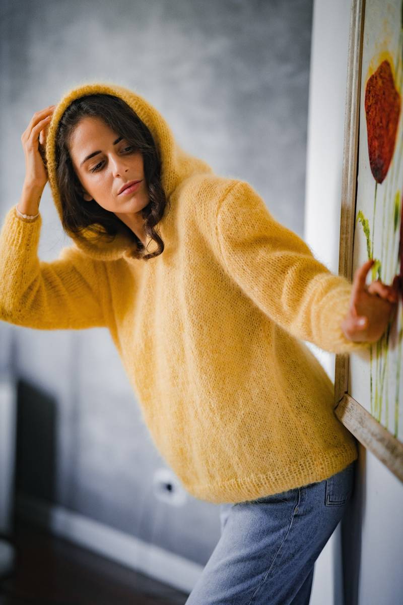 Kapuzenpullover Für Frauen, Übergroße Mohair-strickjacke, Y2K Hoodie, Gestrickter Poncho, Grobstrick-Fuzzy-Pullover, Wolltop Mit Kapuze von FABEVU