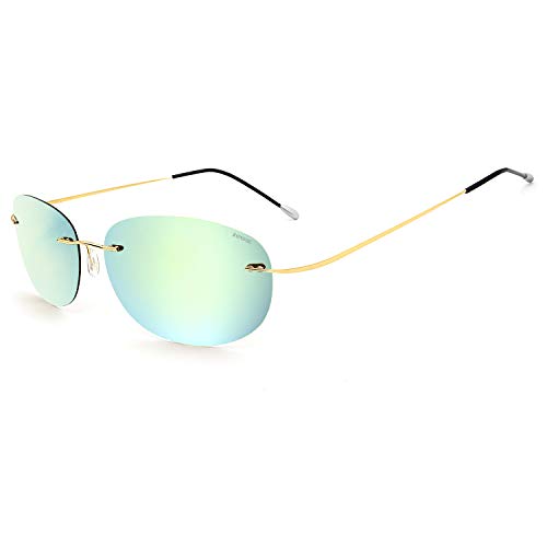 RONSOU Ultraleichte Randlose Reine Titan-bunte Mode Polarisierte Sonnenbrille für Männer und Frauen_Goldener Rahmen Goldene Linse (gespiegelt) von RONSOU