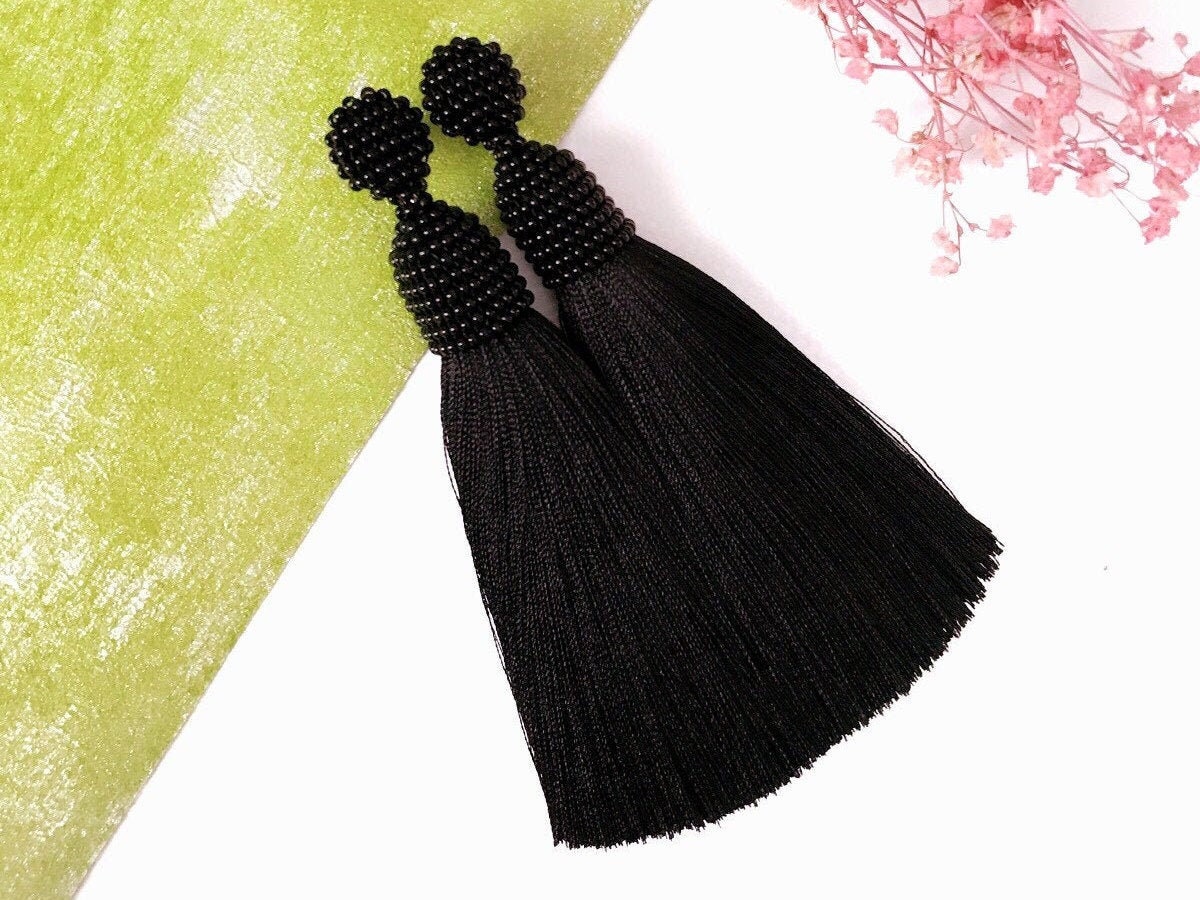 Schwarz Quaste Ohrringe Silber 925 Ohrstecker Lange Perlen Boho Fransen Schmuck Geschenk Schwarz Quaste Ohrringe Silber 925 Ohrstecker Lange Perlen Boho Fransen Schmuck Geschenk von ROOTAbeads