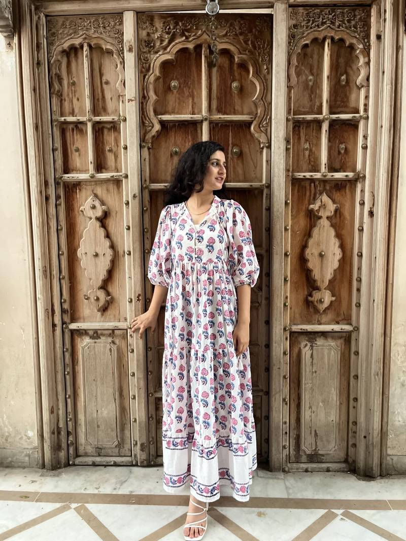 Maxikleid Aus Baumwolle Mit Handblockdruck Boho-Kleid Blumenmuster von ROOTSOFJAIPUR