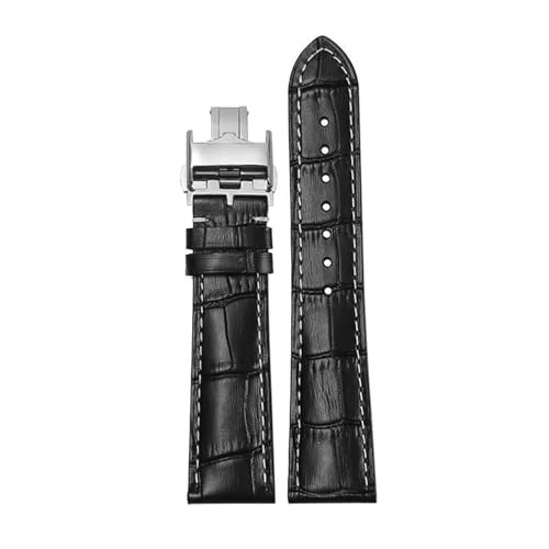 RORFFK 14mm 19mm 20mm 21mm echtes Leder Schmetterling Schnalle Uhrenarmband, für Longines Famous Craftsman Series Uhr Ersatz-Uhrenarmband(Black Silver Butterf,14mm) von RORFFK
