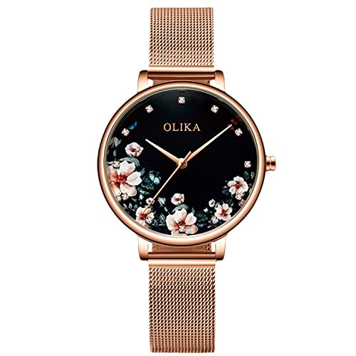 rorios Damen Armbanduhren Blume Dial Damenuhren Edelstahlband Mesh Damenuhr Women Watch von rorios