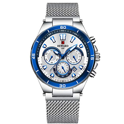 rorios Herren Uhr Männer Edelstahlband Mesh Sport Chronograph Datum Kalender Armbanduhren für Herren Wasserdicht Uhren von rorios