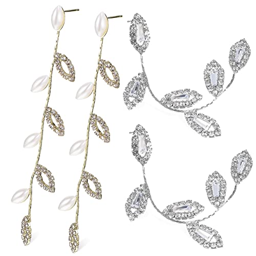 RORPOIR 2 Paare Ohrstecker Blattdesign mit Funkelnden Strasssteinen und Perlen Lange Lineare Quasten Ohrringe Hochzeit Schmuck Leichte Dangle Ohrringe für Damen von RORPOIR