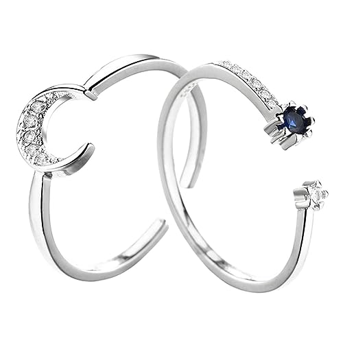 RORPOIR 2 Stück Verstellbare Damenringe Teiliges mit Blauem Stein und Funkelndem Mondmotiv Schmuckkombination für Alltag Party und Besondere Anlässe für Frauen und Mädchen von RORPOIR