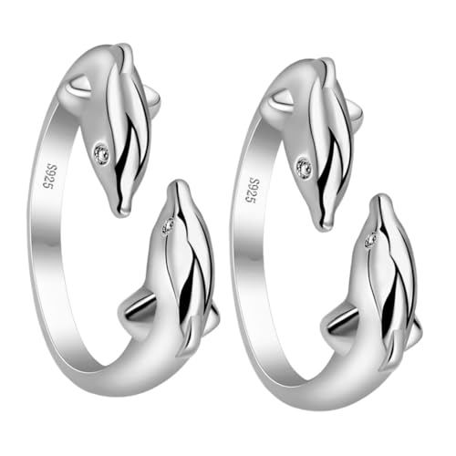 RORPOIR 2 Stücke Verstellbarer Doppel Delfin Ring aus Kupfer Offener Damenring Modischer Schmuck für Alltag Party Date Eleganter Fingerschmuck Langlebig und Glänzend von RORPOIR