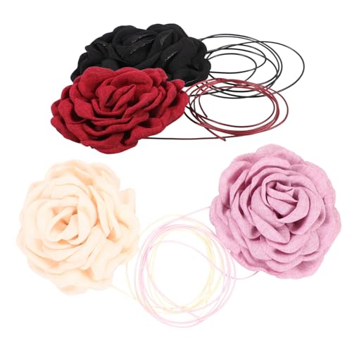RORPOIR 4 Stück Teiliges Damen Halskette mit Großen Rosenblüten Modische Choker Kette in Mehrfarbigem Samt Modische Schmuckkette für Frauen Elegant für Hochzeit und Party von RORPOIR