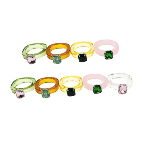 RORPOIR 9 Stück Teiliges Acrylring Schmuck mit Kreativen Bunten Edelsteinringen für Damen Modische Handringe Langlebig und Einzigartig für Kostüm Party und Zufällige Farbe Zufällige Farbe von RORPOIR