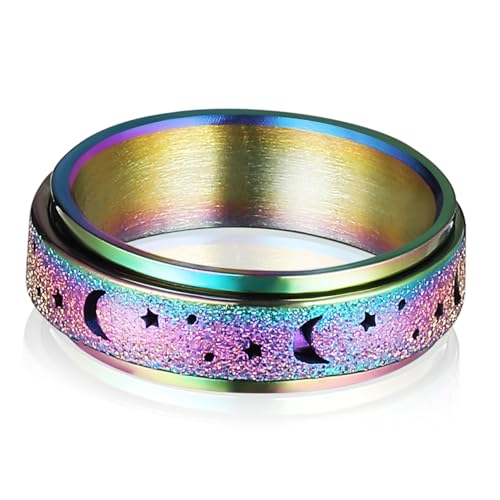 RORPOIR Titanium Drehbarer Spinner Ring für Damen Glatter Komfortabler Statement Schmuck Mond und Stern Design Stapelbar Modischer Fidget Ring Farbig von RORPOIR