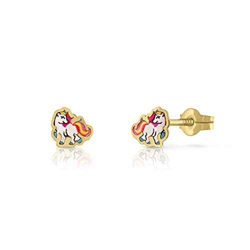 Ohrringe Gold Zertifiziert Damen Mädchen Einhorn Emaille 5.5mm mit Druckverschluss (4-4185) von ROSA DI MANUEL