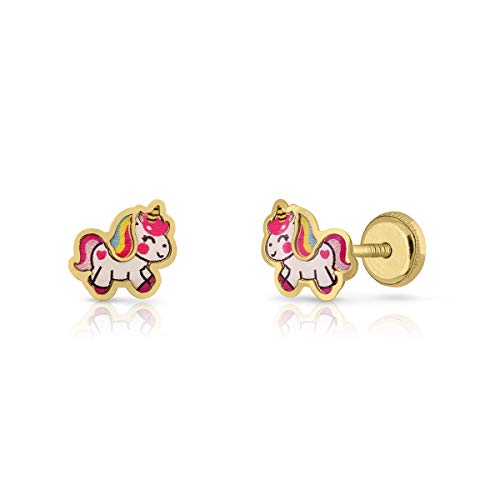 Ohrringe Gold Zertifiziert Damen Mädchen Einhorn Emaille 7.5x6mm mit Sicherheitsverschluss (4-4188) von ROSA DI MANUEL