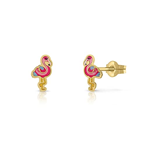 Ohrringe Gold zertifiziert Damen Mädchen Flamingo Emaille 4.5x8.5mm mit Schnappverschluss (4-4189) von ROSA DI MANUEL