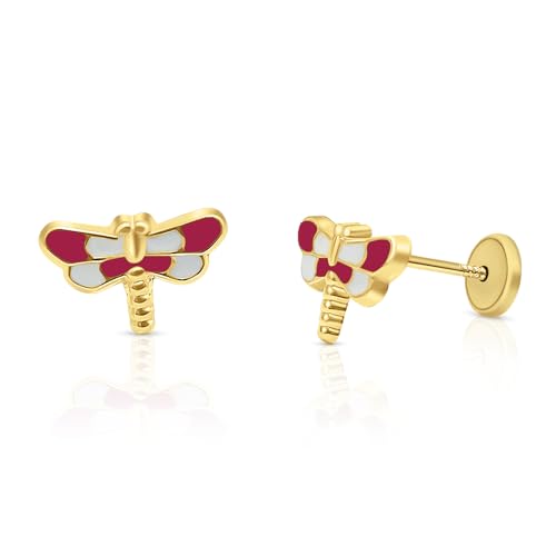 Ohrringe aus zertifiziertem Sterling Gold, Libelle, Emaille rot mit Weiß, mit Sicherheitsschraube, Maße: 10 x 7 mm. von ROSA DI MANUEL