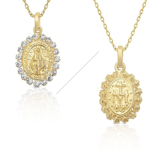 ROSA DI MANUEL Medaille Anhänger aus Gold mit wundersamen Steinen zur Kommunion für Mädchen, Damen, 13 x 15 mm plus 45 cm Kette. von ROSA DI MANUEL