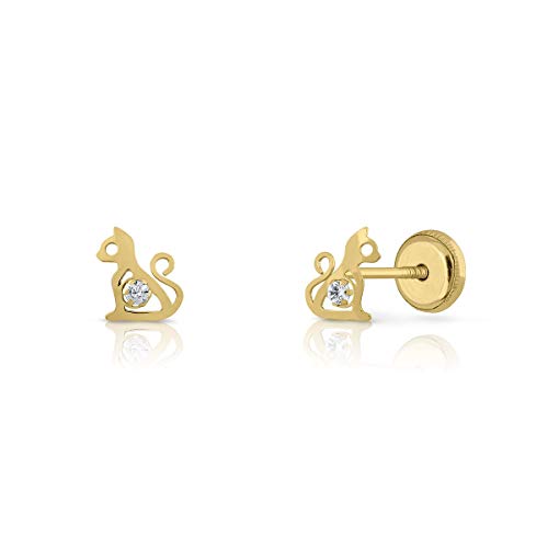 Zertifizierte Ohrstecker aus Sterlingsilber, für Mädchen/Damen, mit Sicherheitsverschluss, Katzendesign, Größe 5 x 6 mm (1-4601), Gelbgold von ROSA DI MANUEL