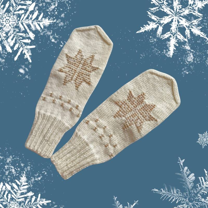 Handschuhe Aus Wolle Mit Eingestricktem Perlenmuster, Handgestrickt, Naturweiß von ROSALIAKreationen