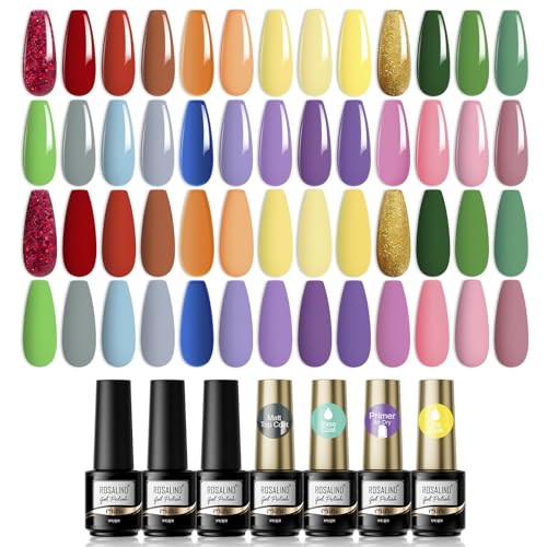 30 PCS UV Nagellack Set, ROSALIND 26 Farben Gel Nagellack, Rot Glitter Rosa Lila Blau Gelb Braun Grün Shellac Gel Nail Polish Nail Art mit Base Coat, Matt und Glänzende Top Coat & Primer von ROSALIND