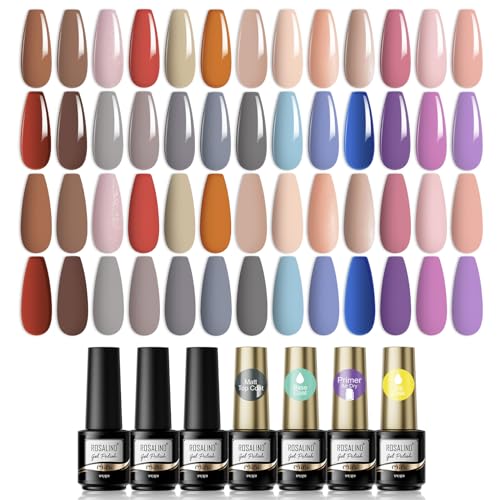 30 PCS UV Nagellack Set, ROSALIND 26 Farben Gel Nagellack, Rosa Braun Gelb Nude Grau Lila Blau Shellac Gel Nail Polish Nail Art mit Base Coat, Matt und Glänzende Top Coat & Primer von ROSALIND