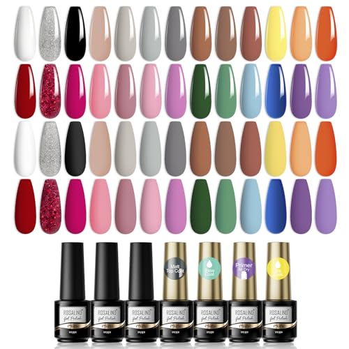 30 PCS UV Nagellack Set, ROSALIND 26 Farben Gel Nagellack Rot Schwarz Weiß Rosa Nude Lila Grau Glitter Shellac Gel Nail Polish Nail Art mit Base Coat, Matt und Glänzende Top Coat & Primer von ROSALIND