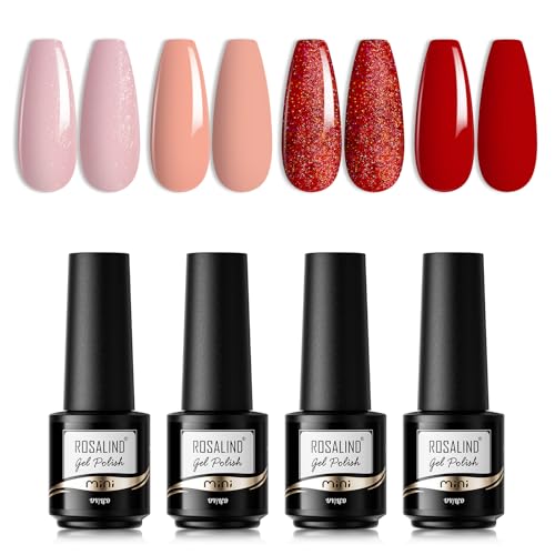 ROSALIND 4 Farben Gel Nagellack, Nude Rosa Rot Glitter Farbe Shellac Soak Off LED UV Nagellack Set Gel Nail Polish Mini 4pcs Nail Art Starter Kit für Nagelstudio Design von ROSALIND