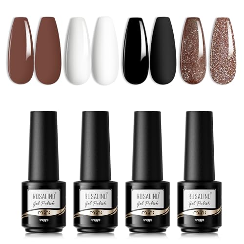 ROSALIND 4 Farben Gel Nagellack, Schwarz Weiß Braun Glitzer Farbe Shellac Soak Off LED UV Nagellack Set Gel Nail Polish Mini 4pcs Nail Art Starter Kit für Nagelstudio Design von ROSALIND