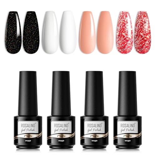 ROSALIND 4 Farben Gel Nagellack, Schwarz Weiß Nude Rot Glitter Farbe Shellac Soak Off LED UV Nagellack Set Gel Nail Polish Mini 4pcs Nail Art Starter Kit für Nagelstudio Design von ROSALIND