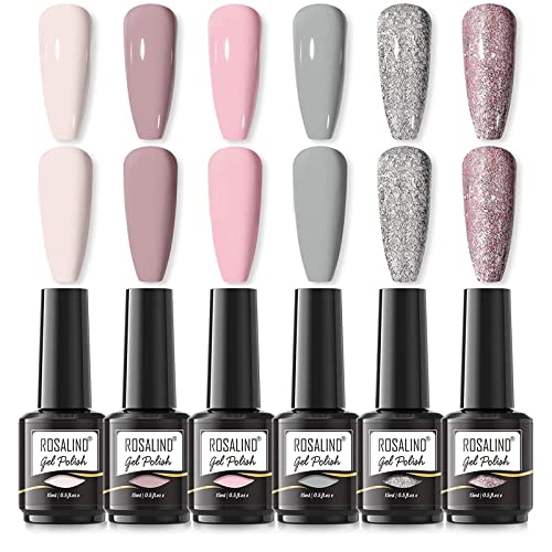 ROSALIND 6 Farben UV Gel Nagellack Gellack Nail Art Gelnagelset, UV Nagellack Nude Grün Rosa Glitter Silber Farbe Shellac Nagellack Pastell Set, Gel Nail Polish 6pcs,15ml von ROSALIND